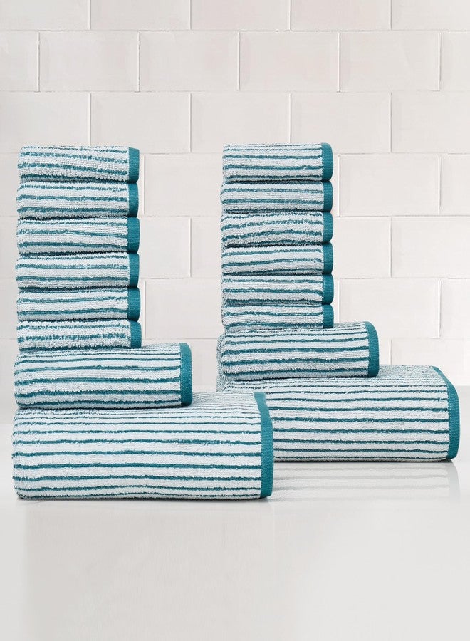 TRULY SOFT Essential Yarn Dye Stripe Teal 16 Piece Towel Set, Striped Jacquard Themed, for Men and Women, Oeko-TEX Certified Confidence - Image 1